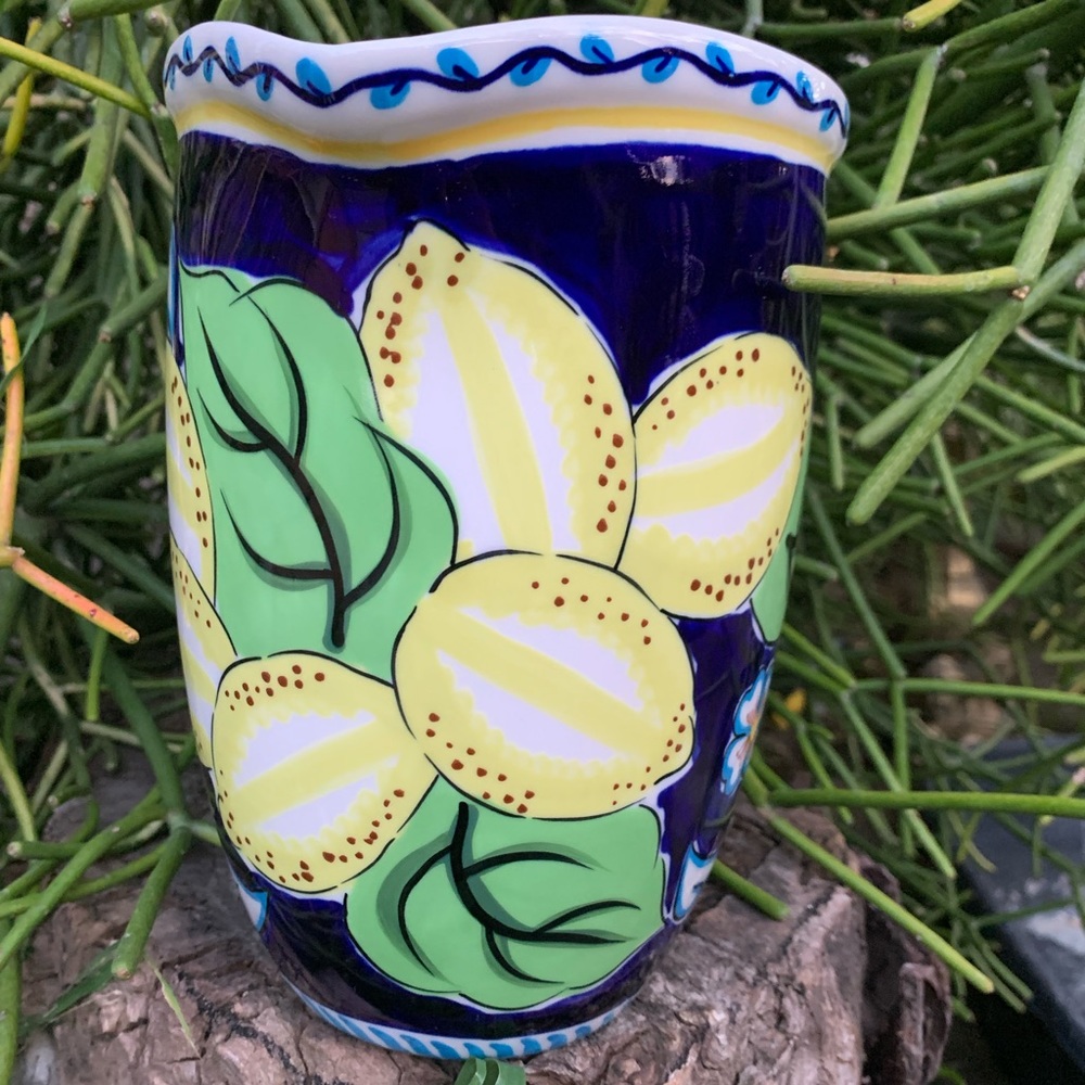 Starbucks 2002 Barista Ceramic Pitcher Cobalt Blue with Lemons 64 oz 8" Tall